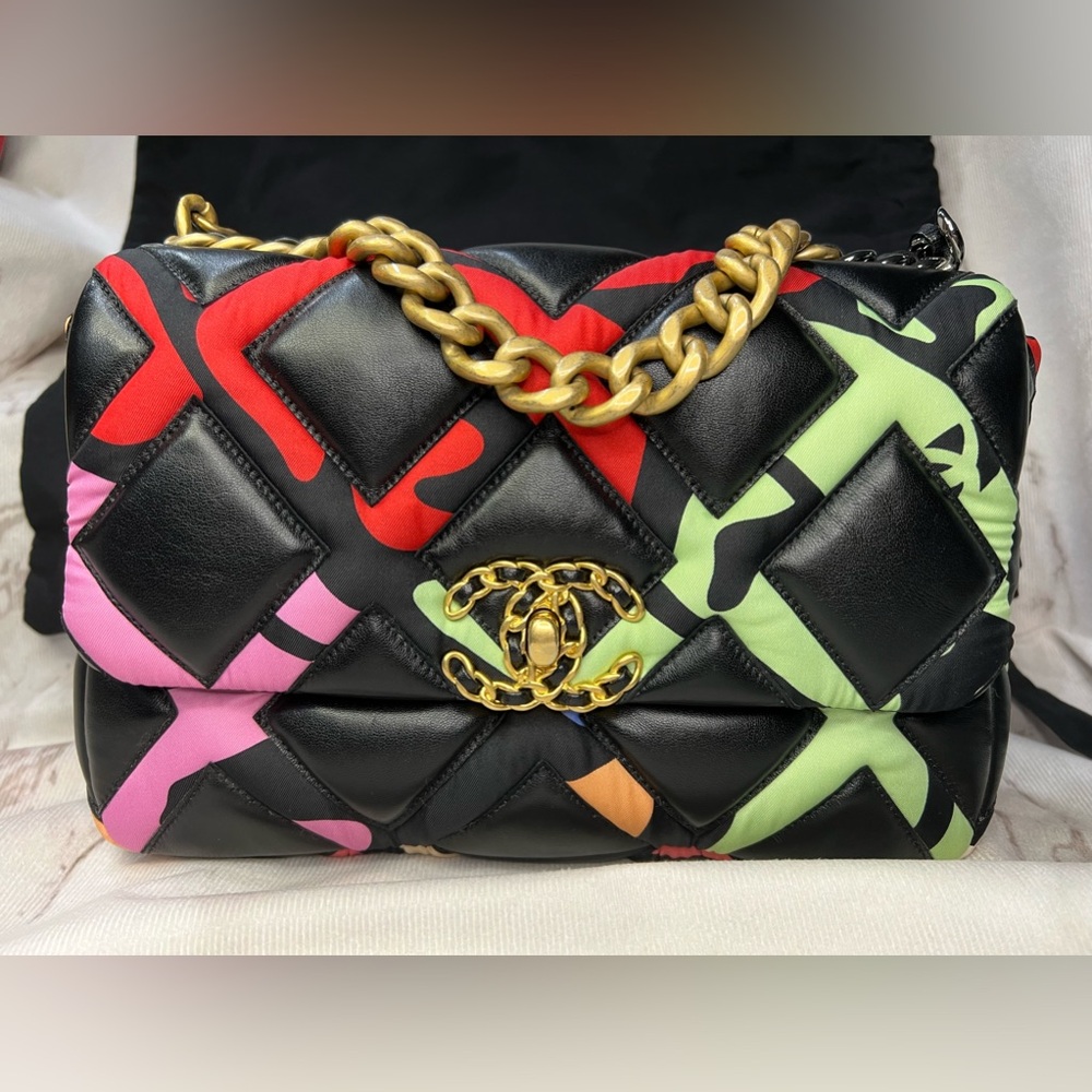 VERY RARE 2022 Chanel 19 Flap Bag Quilted Lambskin and Printed Silk Authentic